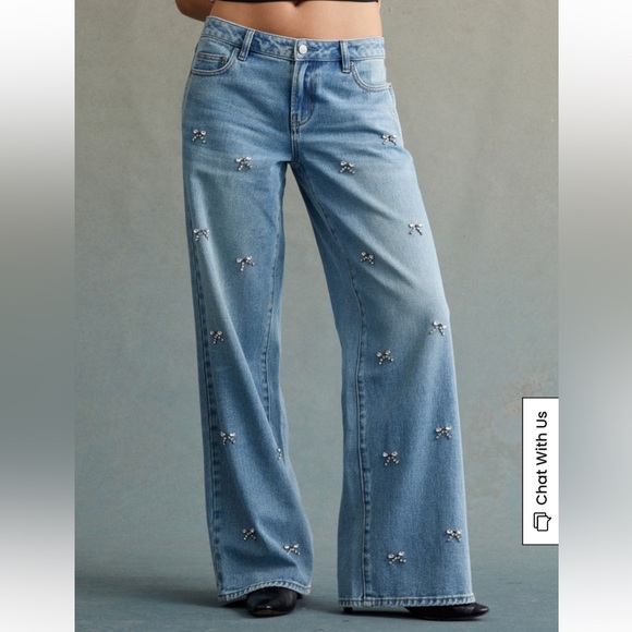 PacSun Denim - NWT Pacsun Rare Edit Denim Low Rise Baggy Jeans 24 Rhinestone Bows